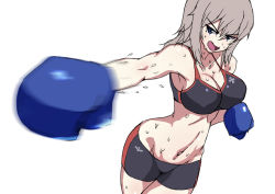 Rule 34 | 10s, 1girl, bike shorts, black shorts, blue eyes, boxing, boxing gloves, breasts, commentary, cowboy shot, emblem, foreshortening, girls und panzer, itsumi erika, large breasts, leaning to the side, long hair, looking at viewer, mordeth, motion blur, navel, open mouth, shorts, silver hair, simple background, single vertical stripe, solo, sports bra, standing, sweat, v-shaped eyebrows, white background