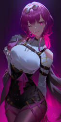 Rule 34 | 1girl, bare shoulders, black jacket, breasts, commentary request, eyewear on head, gloves, gradient background, high-waist shorts, highres, holz, honkai: star rail, honkai (series), jacket, jewelry, kafka (honkai: star rail), large breasts, long hair, long jacket, long sleeves, looking at viewer, one eye closed, open mouth, pantyhose, pantyhose under shorts, pink gloves, purple background, purple eyes, purple gloves, purple hair, purple pantyhose, ring, round eyewear, shirt, shorts, simple background, smile, solo, sunglasses, white shirt