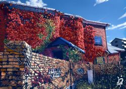 Rule 34 | blue sky, brick wall, building, cloud, day, fence, house, no humans, original, outdoors, overgrown, princeeugen2, scenery, sky