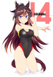 Rule 34 | 1girl, ahoge, animal ears, black hair, black one-piece swimsuit, blue eyes, breasts, brown hair, character name, cleavage, competition swimsuit, contrapposto, covered navel, cowboy shot, duramente (umamusume), highleg, highleg swimsuit, horse ears, horse girl, horse tail, long hair, medium breasts, multicolored hair, numbered, one-piece swimsuit, shigino sohuzi, simple background, solo, standing, streaked hair, stretching, swimsuit, tail, umamusume, wading, white background, white hair
