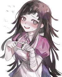 Rule 34 | 1girl, apron, bandaged arm, bandages, black hair, blush, breasts, commentary request, danganronpa (series), danganronpa 2: goodbye despair, flying sweatdrops, grey eyes, highres, index fingers together, long hair, looking at viewer, medium breasts, messy hair, nose blush, open mouth, pink shirt, puffy short sleeves, puffy sleeves, shirt, short sleeves, simple background, solo, sweat, tsumiki mikan, white apron, white background, zaso