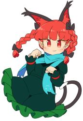 Rule 34 | animal ear fluff, animal ears, bow, braid, cat ears, clenched hands, dress, extra ears, green dress, ini (inunabe00), kaenbyou rin, multiple tails, nekomata, paw pose, pointy ears, red eyes, red hair, scarf, simple background, solo, subterranean animism, tail, touhou, tsurime, twin braids, whiskers, white background