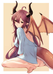 Rule 34 | 1girl, ahoge, ass, back, bad id, bad pixiv id, bare legs, between legs, blue shirt, border, bottomless, breasts, brown eyes, commentary request, curled horns, dragon girl, dragon horns, dragon tail, dragon wings, dress shirt, from behind, full body, grea (shingeki no bahamut), hair between eyes, head tilt, highres, horns, koretsuki azuma, long hair, long sleeves, looking back, manaria friends, medium breasts, no bra, outside border, pointy ears, purple hair, shingeki no bahamut, shirt, shoulder blades, sidelocks, sitting, solo, tail, thighs, very long hair, wariza, white border, wings, yellow background