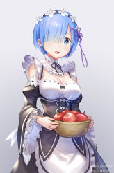 Rule 34 | 10s, 1girl, :d, absurdres, anbe yoshirou, apple, apron, basket, blue eyes, blue hair, breasts, cleavage, detached collar, detached sleeves, food, fruit, gradient background, hair ornament, hair over one eye, highres, long sleeves, looking at viewer, maid, medium breasts, open mouth, re:zero kara hajimeru isekai seikatsu, rem (re:zero), ribbon-trimmed sleeves, ribbon trim, smile, solo, waist apron, white apron, wide sleeves, x hair ornament