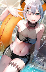 1girl absurdres black_horns black_nails blue_eyes blush collarbone grey_hair hair_ornament hairclip highres horns innertube levi_elipha looking_at_viewer mo_(mornmorm) multicolored_horns navel nijisanji one_eye_closed open_mouth orange_horns sharp_teeth solo swim_ring swimsuit teeth two-tone_horns v virtual_youtuber water wet x_hair_ornament