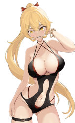 Rule 34 | 1girl, bangle, bare arms, bare shoulders, bow, bracelet, breasts, cleavage, clothing cutout, cowboy shot, ganotashisakuki, hair between eyes, hair bow, halterneck, hand in own hair, hand on own thigh, highres, jewelry, large breasts, long hair, looking at viewer, navel, nijisanji, nui sociere, one-piece swimsuit, ponytail, red bow, simple background, smile, solo, stomach cutout, swimsuit, thigh strap, two-tone swimsuit, virtual youtuber, white background, yellow eyes