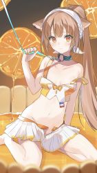 Rule 34 | 1girl, animal ears, bare arms, bare shoulders, barefoot, bdsm, breasts, brown eyes, brown hair, cat ears, closed mouth, collar, collarbone, cona kinaco, crop top, frown, hair ribbon, hand up, highres, holding, leash, long hair, looking at viewer, midriff, miniskirt, nail polish, navel, no bra, open clothes, open skirt, orange shirt, original, pleated skirt, ponytail, ribbon, seiza, shirt, sitting, skirt, slave, sleeveless, sleeveless shirt, small breasts, solo, stomach, strap slip, thighs, very long hair, white skirt