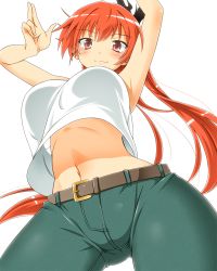 Rule 34 | 1girl, :3, belt, blush, breasts, cuune (nyaruko-san), haiyore! nyaruko-san, large breasts, long hair, looking at viewer, midriff, navel, ponytail, red eyes, red hair, simple background, smile, solo, twintails, white background, yuto (dialique)