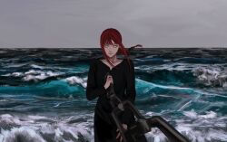 Rule 34 | 1girl, black dress, braid, braided ponytail, chain, chain leash, chainsaw man, dress, grey sky, highres, holding, holding leash, leash, looking at viewer, makima (chainsaw man), medium hair, ocean, outdoors, pov, red hair, ringed eyes, sidelocks, sky, smile, solo, viewer on leash, water, waves, yellow eyes, yohohoi