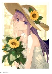 Rule 34 | 1girl, absurdres, bare shoulders, blush, dress, fingernails, flower, frilled dress, frills, hat, highres, holding, long hair, looking at viewer, original, page number, parted lips, purple eyes, purple hair, simple background, sleeveless, solo, sun hat, sunflower, upper body, white dress, yashiro seika