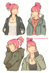 Rule 34 | 1girl, alternate hair length, alternate hairstyle, annie mei, annie mei project, breasts, caleb thomas, cleavage, collage, fashion, green eyes, hands in pockets, highres, jacket, jewelry, lips, necklace, pendant, pink hair, short ponytail, smile, solo