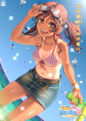 Rule 34 | 1girl, :d, aoi sora (pairan), bad id, bad pixiv id, beach, belt, bent over, bikini, bikini top only, bird, brown eyes, brown hair, day, denim, denim skirt, dutch angle, face, fisheye, front-tie top, goggles, goggles on head, looking at viewer, midriff, ocean, one-piece tan, open mouth, original, outdoors, pairan, pencil skirt, ribs, round teeth, seagull, shiny skin, skirt, smile, solo, swimsuit, tan, tanline, teeth, twintails, water, water gun, wet