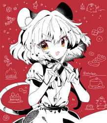 Rule 34 | 1girl, :3, animal ear fluff, animal ears, biyon, blush stickers, brown eyes, capelet, commentary, eyes visible through hair, food-themed background, fork, greyscale, greyscale with colored background, hair between eyes, hair intakes, hands up, holding, holding fork, holding knife, jewelry, knife, looking at viewer, looking to the side, monochrome, mouse ears, mouse girl, mouse tail, nazrin, neck ribbon, necklace, no nose, notice lines, open mouth, pendant, puffy short sleeves, puffy sleeves, ribbon, sash, short hair, short sleeves, smile, solo, sparkle, sparkling eyes, spot color, star (symbol), symbol-only commentary, tail, touhou, twitter username, upper body, v-shaped eyebrows, w arms