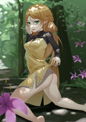 Rule 34 | 1girl, absurdres, artist request, ass, blonde hair, blush, braid, breasts, clothes lift, dress, dress lift, elf, female focus, flower, french braid, green eyes, highres, isekai ojisan, lifted by self, long hair, looking at viewer, nature, no panties, open mouth, outdoors, pointy ears, small breasts, solo, sui (isekai ojisan), wavy mouth