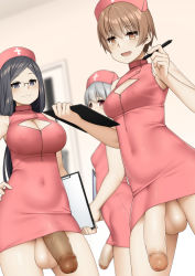Rule 34 | 3girls, bare arms, black hair, blurry, blurry background, breasts, brown eyes, brown hair, censored, cleavage, cleavage cutout, clipboard, closed mouth, clothing cutout, covered navel, dark penis, dress, flaccid, futanari, glasses, grey hair, hand on own hip, hat, highres, holding, holding clipboard, holding pen, kamata yuuya, large breasts, long hair, looking at viewer, medium breasts, mosaic censoring, multiple girls, nurse, nurse cap, open mouth, original, pen, penis, pink dress, short hair, sleeveless, sleeveless dress, smile, testicles, textless version, veins, veiny penis