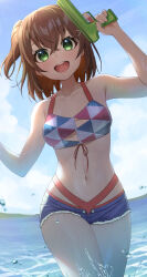 Rule 34 | 1girl, :d, absurdres, bikini, blue shorts, blue sky, blush, breasts, brown hair, commentary request, cowboy shot, day, denim, denim shorts, denonbu, green eyes, hair ornament, hands up, hidaka reina (denonbu), highres, holding, holding water gun, looking at viewer, medium breasts, multicolored bikini, multicolored clothes, navel, ocean, official alternate costume, open mouth, outdoors, short hair, short shorts, shorts, side ponytail, sidelighting, sky, smile, solo, standing, swimsuit, tsunenorip, water, water drop, water gun, x hair ornament