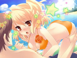 Rule 34 | 1boy, 1girl, :o, ahoge, asymmetrical hair, back, bare shoulders, beach, bent over, bikini, blonde hair, blush, breasts, brown hair, cleavage, cloud, couple, day, dutch angle, embarrassed, eye contact, flyable heart, game cg, girl on top, highres, inflatable raft, ito noizi, katsuragi shou, kneeling, leg grab, looking at another, lying, medium breasts, on back, open mouth, orange eyes, outdoors, palm tree, ponytail, short hair, shy, side ponytail, sky, star (symbol), straddling, sumeragi amane (flyable heart), surprised, swimsuit, tree, water, wet