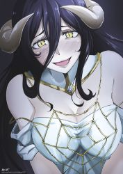 Rule 34 | 1girl, aboleuk, absurdres, albedo (overlord), bare shoulders, black background, black hair, black wings, blush, breasts, cleavage, collar, dress, feathered wings, hair between eyes, highres, horns, large breasts, long hair, looking at viewer, oart00, open mouth, overlord (maruyama), simple background, slit pupils, smile, solo, tongue, upper body, white dress, wings, yellow eyes