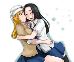 Rule 34 | 2girls, bad id, bad pixiv id, bandages, black hair, black legwear, blonde hair, blood, blood stain, blue skirt, bow, bowtie, brown eyes, cardigan, closed eyes, coppelion, hand on another&#039;s head, happy tears, hug, long hair, multiple girls, necktie, ozu kanon, ozu shion, pleated skirt, school uniform, shirt, short sleeves, siblings, simple background, sisters, skirt, sleeves rolled up, supopo (pi4v2000), tears, thighhighs, white background, white shirt