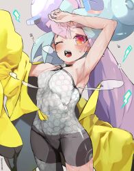 Rule 34 | 1girl, absurdres, aqua hair, armpits, bike shorts, bow-shaped hair, character hair ornament, creatures (company), gaku, game freak, hair ornament, hexagon print, highres, iono (pokemon), jacket, jacket partially removed, long hair, low-tied long hair, multicolored hair, nintendo, oversized clothes, pink hair, pokemon, pokemon sv, sharp teeth, sleeves past fingers, sleeves past wrists, solo, sweat, teeth, twintails, two-tone hair, very long hair, x, yellow jacket