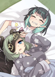 Rule 34 | 2girls, nanashi inc., alternate costume, black hair, blue eyes, blue hair, blush, breasts, brown horns, closed eyes, collared shirt, commentary request, demon girl, demon horns, green hair, grey horns, grey shirt, head on another&#039;s stomach, heebee, highres, honey strap, horns, large breasts, long sleeves, looking at viewer, multicolored hair, multiple girls, open mouth, pajamas, pointy ears, sekishiro mico, shirt, shishio chris, sleep mask, small breasts, star (symbol), star print, sugar lyric, two-tone hair, upper body, virtual youtuber, white shirt
