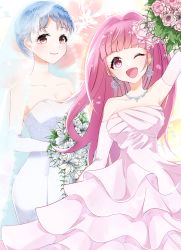 Rule 34 | 2girls, arm up, blue hair, blunt bangs, bouquet, braid, breasts, bride, brown eyes, cleavage, closed mouth, commentary request, crown braid, dress, earrings, elbow gloves, female focus, fire emblem, fire emblem: three houses, flower, gloves, highres, hilda valentine goneril, holding, holding bouquet, jewelry, long hair, marianne von edmund, matching hair/eyes, multiple girls, necklace, nintendo, one eye closed, open mouth, pink eyes, pink hair, ponytail, smile, wedding dress, white dress, white gloves, wife and wife, wink, yuri, yutohiroya