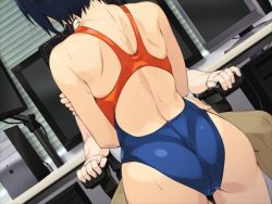 Rule 34 | 1boy, 1girl, armchair, artist request, ass, back, black hair, window blinds, chair, character request, competition swimsuit, computer, copyright request, desk, dutch angle, from behind, monitor, multicolored clothes, nape, one-piece swimsuit, short hair, shoulder blades, swimsuit, wet