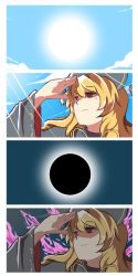 Rule 34 | 1girl, black dress, blonde hair, chinese clothes, comic, crescent, dress, eclipse, eyebrows, false smile, junko (touhou), kapiten70, long hair, long sleeves, looking afar, pom pom (clothes), red eyes, ribbon, shaded face, smile, solo, sun, tabard, tareme, touhou, very long hair, white background, yellow ribbon