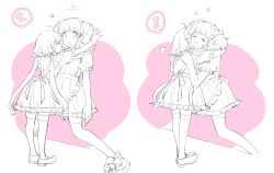 Rule 34 | 2girls, :3, against wall, age difference, ahoge, alternate costume, alternate hairstyle, apron, arched bangs, bow, closed eyes, closed mouth, commentary, dress, frilled apron, frilled dress, frilled sleeves, frills, futaba anzu, hair bow, hair ornament, hair scrunchie, heart, height difference, highres, hug, idolmaster, idolmaster cinderella girls, kabedon, kirakira p cyan, leaning, leaning forward, legs apart, light blush, loafers, long hair, low twintails, maid, maid apron, medium bangs, moroboshi kirari, multiple girls, numbered panels, open mouth, partially colored, pink background, pout, scrunchie, shoes, short sleeves, smile, sneakers, squatting, standing, thighhighs, twintails, very long hair, wall, yuri
