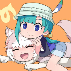Rule 34 | 2girls, :d, animal ear fluff, animal ears, asymmetrical hair, black shirt, blue eyes, blue hair, blush, brown hair, bucket hat, closed eyes, closed mouth, commentary request, dog (mixed breed) (kemono friends), dog ears, dog girl, dog tail, feet out of frame, grey headwear, hands on another&#039;s head, hat, hat feather, hospital king, hug, japari symbol, kemono friends, kemono friends r, looking at another, medium bangs, multicolored hair, multiple girls, open mouth, orange background, purple vest, shirt, short hair, smile, tackle, tail, tomoe (kemono friends) (niconico88059799), two-tone hair, vest, white hair