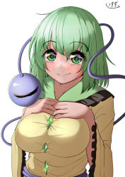 Rule 34 | 1girl, bad id, bad pixiv id, blush, breasts, collared shirt, commentary request, diamond (shape), eyeball, frilled shirt collar, frilled sleeves, frills, green eyes, green hair, komeiji koishi, large breasts, long sleeves, looking at viewer, no headwear, onkona minazuki, shirt, short hair, simple background, smile, solo, third eye, touhou, white background, wide sleeves, yellow shirt