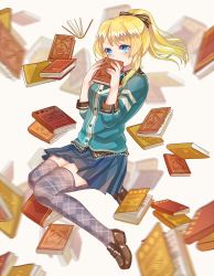 Rule 34 | 10s, 1girl, argyle, argyle clothes, argyle legwear, ayase eli, blonde hair, blue eyes, blue nails, blue skirt, book, covered mouth, floating, floating book, floating object, highres, holding, holding book, kuroka tori, loafers, long hair, looking at viewer, love live!, love live! school idol festival, love live! school idol project, nail polish, pleated skirt, ponytail, shoes, sidelocks, skirt, solo, thighhighs, too many, too many books