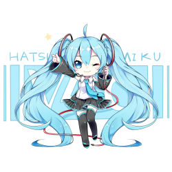 Rule 34 | 00s, 1girl, ;), absurdly long hair, ahoge, arms up, black skirt, black thighhighs, blue necktie, blush, cable, character name, closed mouth, collared shirt, detached sleeves, frilled skirt, frills, full body, hand up, hatsune miku, headset, highres, leg up, long hair, long sleeves, looking at viewer, miniskirt, necktie, nishina hima, one eye closed, pleated skirt, shirt, skirt, smile, solo, standing, standing on one leg, star (symbol), tareme, thighhighs, twintails, very long hair, vocaloid, white shirt, wide sleeves, wing collar