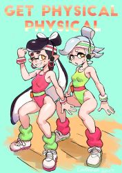 Rule 34 | 2017, 2girls, :o, ;d, absurdres, arm up, bare arms, bare shoulders, black hair, blue background, breasts, callie (splatoon), clenched hand, colo (nagrolaz), cousins, earphones, earrings, english text, eyebrows, full body, green leotard, groin, hairband, highleg, highleg leotard, highres, hoop earrings, inkling, jewelry, legs, leotard, long hair, looking at viewer, marie (splatoon), mask, mole, mole under eye, multiple girls, nintendo, one eye closed, open mouth, orange eyes, pink leotard, pointy ears, pouch, shoes, short eyebrows, silver hair, simple background, smile, sneakers, socks, splatoon (series), squatting, sweatdrop, symbol-shaped pupils, tentacle hair, text focus, wristband