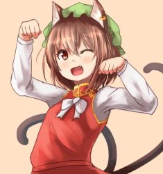 Rule 34 | animal ears, baram, brown hair, cat ears, cat tail, chen, earrings, fang, hat, jewelry, long sleeves, mob cap, multiple tails, nekomata, one eye closed, open mouth, ribbon, short hair, single earring, solo, tail, touhou, two tails, white ribbon