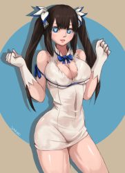 Rule 34 | 10s, 1girl, absurdres, artist name, bare shoulders, black hair, blue bow, blue eyes, blue ribbon, blush, bow, breasts, cleavage, dungeon ni deai wo motomeru no wa machigatteiru darou ka, gloves, heart, heart-shaped pupils, hestia (danmachi), highres, large breasts, long hair, looking at viewer, parted lips, ribbon, smile, solo, sookmo, symbol-shaped pupils, twintails, white gloves