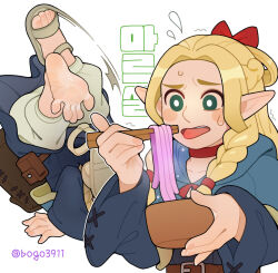 Rule 34 | 1girl, artist name, backpack, bag, barefoot, belt, blonde hair, blue capelet, blush stickers, bogo, bow, bowl, braid, braided sidelock, bright pupils, brown belt, capelet, choker, chopsticks, collarbone, dungeon meshi, eating, elf, fallen down, feet, food, foot focus, foreshortening, green eyes, grey footwear, grey pants, hair bow, hair intakes, highres, holding, holding bowl, hood, hood down, long hair, marcille donato, motion lines, multiple views, noodles, pants, pointy ears, pouch, red bow, red choker, sandals, simple background, single sandal, soles, spread toes, sweatdrop, tobogo, toenails, toes, tongue, tongue out, twitter username, upper body, upside-down, white background, white pupils, wide sleeves