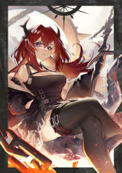 Rule 34 | 1girl, absurdres, arknights, armlet, bare shoulders, black dress, black jacket, black thighhighs, breasts, buckle, chain, cleavage, closed mouth, cross, crossed legs, detached collar, dress, feet out of frame, hand in pocket, highres, holding, holding sword, holding weapon, horns, huge weapon, infection monitor (arknights), jacket, large breasts, long hair, long sleeves, looking at viewer, off shoulder, open clothes, open jacket, purple eyes, red hair, smile, solo, surtr (arknights), sword, thigh strap, thighhighs, thighs, underbust, v-shaped eyebrows, very long hair, weapon, yo-ba yo