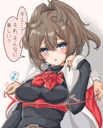 Rule 34 | 1girl, belt, belt buckle, blue eyes, blush, breasts, brown belt, brown hair, buckle, capelet, eighth note, flower, hair between eyes, highres, kantai collection, kasashi (kasasi008), medium breasts, medium hair, motion lines, musical note, open mouth, ponytail, red capelet, red flower, red rose, rose, sheffield (kancolle), solo focus, speech bubble, spoken musical note, translation request