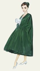 Rule 34 | 19, 1960s (fashion), 1girl, audrey hepburn, black eyes, brown hair, dress, earrings, fashion, full body, gloves, green dress, highres, jewelry, looking at viewer, mu mashu, pinup (style), real life, red lips, solo, standing, white footwear, white gloves