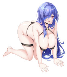 Rule 34 | 1girl, absurdres, all fours, ass, azur lane, bikini, black bikini, breasts, comotaro, covered erect nipples, eyes visible through hair, highres, light blush, long hair, looking at viewer, o-ring, o-ring bikini, official alternate costume, pointy breasts, purple hair, red eyes, sagging breasts, simple background, solo, swimsuit, trento (azur lane), trento (summer&#039;s hotness?) (azur lane), very long hair, white background