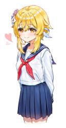 Rule 34 | 1girl, alternate costume, arms behind back, blonde hair, blue feathers, blue sailor collar, blue skirt, blush, closed mouth, collarbone, collared shirt, cowboy shot, cropped legs, feather hair ornament, feathers, flower, genshin impact, hair between eyes, hair flower, hair ornament, heart, highres, hue oo, long hair, long sleeves, lumine (genshin impact), miniskirt, neckerchief, pleated skirt, red neckerchief, sailor collar, sailor shirt, school uniform, serafuku, shirt, simple background, skirt, smile, solo, standing, white background, white flower, white shirt, yellow eyes