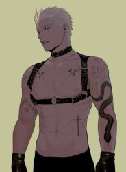 Rule 34 | 1boy, absurdres, alternate costume, archer (fate), arm tattoo, baragi, belt collar, black collar, chest harness, chest tattoo, collar, cowboy shot, cross tattoo, dark-skinned male, dark skin, fate/grand order, fate (series), gloves, harness, highres, large pectorals, leather, leather gloves, male focus, muscular, muscular male, nipples, pectorals, topless male, short hair, solo, tattoo, white hair