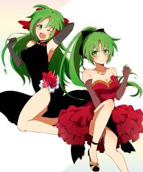Rule 34 | 07th expansion, 2girls, arm behind head, armpits, bare shoulders, black dress, bow, breasts, cleavage, dress, elbow gloves, flower, frilled dress, frills, gloves, green eyes, green hair, hair bow, hair ribbon, half updo, high heels, highres, higurashi no naku koro ni, jewelry, lace trim, long hair, looking at viewer, multiple girls, necklace, nimomo, no naku koro ni (series), one eye closed, open mouth, ponytail, red dress, ribbon, rose, siblings, side slit, sisters, sonozaki mion, sonozaki shion, thighs, twins, white background
