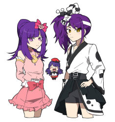 Rule 34 | 3girls, :d, ^ ^, arms behind back, bare shoulders, beret, black shorts, blunt bangs, bow, chibi, closed eyes, closed mouth, cowboy shot, cropped legs, detached sleeves, dress, hachimaki, hanazono mia, hanazono shuka, hand on own hip, hands up, hat, headband, idol time pripara, japanese clothes, kimono, long hair, long sleeves, looking at viewer, multiple girls, nojima minami, open mouth, pink bow, pink dress, pink sleeves, ponytail, pretty series, pripara, purple eyes, purple hair, red headwear, short kimono, shorts, siblings, side ponytail, simple background, sisters, smile, standing, toudou shion, very long hair, wavy hair, white background, white headband, wide sleeves, yellow eyes
