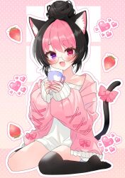 Rule 34 | 1girl, animal ear fluff, animal ears, asymmetrical legwear, black hair, black tail, black thighhighs, blush, bow, cat ears, cat girl, cat tail, collarbone, commission, cup, darlingstrawb, fang, female focus, food, fruit, glasses, hair bun, heart, heart-shaped pupils, holding, holding cup, indie virtual youtuber, jacket, juuroku anna, kneehighs, multicolored hair, open clothes, open jacket, open mouth, pink bow, pink eyes, pink hair, pink jacket, purple eyes, round eyewear, shirt, single thighhigh, sitting, skeb commission, socks, solo, strawberry, symbol-shaped pupils, tail, thighhighs, two-tone hair, virtual youtuber, wariza, webp-to-png conversion, white shirt