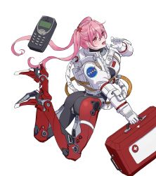 Rule 34 | 1girl, ass, astronaut, blush, bodysuit, fang, first aid kit, floating, floating hair, full body, gold can, hair between eyes, high heels, highres, holding, long hair, nasa, nasa logo, nokia (company), nokia 3310, nurse, open mouth, original, phone, pink hair, red eyes, science fiction, simple background, solo, spacesuit, sweat, tears, turtleneck, twintails, white background