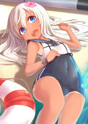 Rule 34 | 1girl, absurdres, beach, blonde hair, blue eyes, blush, bracelet, crop top, flower, hair flower, hair ornament, highres, innertube, jewelry, kantai collection, lifebuoy, lying, one-piece swimsuit, one-piece tan, open mouth, orihiro0614, ro-500 (kancolle), sailor collar, sand, school swimsuit, solo, swim ring, swimsuit, swimsuit under clothes, tan, tanline, torpedo, water