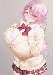 Rule 34 | 1girl, blush, breasts, bursting breasts, cardigan, chomikuplus, collared shirt, commentary request, grey background, grin, hair between eyes, hair ornament, hair ribbon, hairclip, highres, huge breasts, hypnosis, long hair, long sleeves, looking at viewer, mind control, nijisanji, pink eyes, pink hair, plaid, plaid skirt, pleated skirt, red skirt, ribbon, shiina yuika, shirt, simple background, skirt, smile, solo, standing, virtual youtuber, white shirt, yellow cardigan
