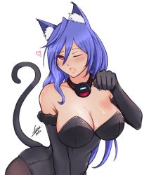 Rule 34 | 1girl, ;), absurdres, ahoge, airisubaka, alternate costume, animal ears, animal hands, artist name, bad id, bad twitter id, bare shoulders, blue hair, blush, body blush, breasts, cat ears, cat tail, choujigen game neptune, cleavage, covered navel, cowboy shot, detached sleeves, elbow gloves, fishnet pantyhose, fishnets, gloves, hair between eyes, heart, highres, iris heart, jewelry, kami jigen game neptune v, kemonomimi mode, kittysuit, large breasts, leotard, light smile, long hair, looking at viewer, neptune (series), nontraditional playboy bunny, one eye closed, open mouth, pantyhose, paw gloves, paw pose, playboy bunny, power symbol, power symbol-shaped pupils, pururut, red eyes, signature, simple background, smile, solo, symbol-shaped pupils, tail, very long hair, white background